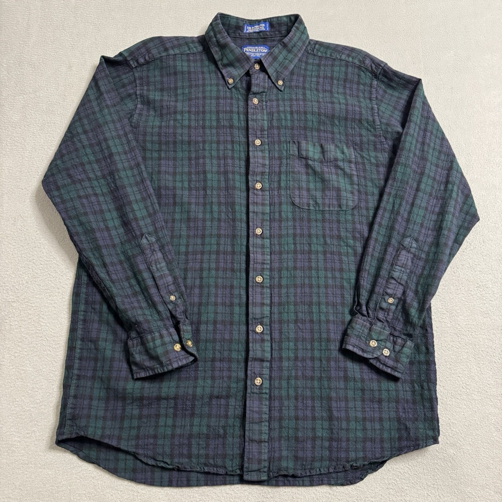 Pendleton Wool Shirt Mens XL Long Green Blue Plaid Black Watch Button Up
